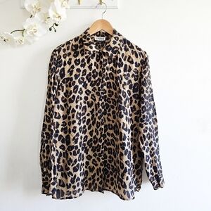 Vintage STUNT 100% Silk Leopard Print Button Up Blouse Womens Medium Y2K 90s